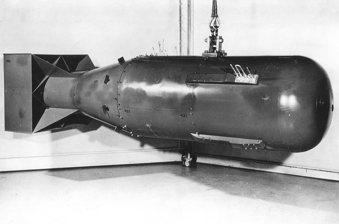 Photograph of a Little Boy nuclear bomb, the same type of weapon dropped on Hiroshima, Japan, in August 1945. This was the first photograph of a Little Boy bomb casing to ever be released by the U.S. government (it was d
