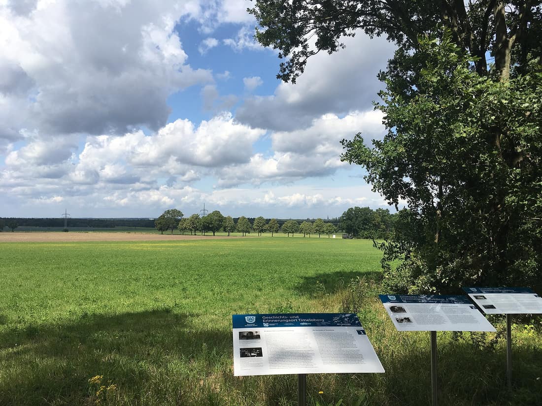 Timeloberg, Wendisch Evern. On the horizon, the church towers of Lüneburg can be seen - one of the reasons why the Allies had chosen the Timeloberg 1945 as a place for the surrender: The surrender should be signed with a