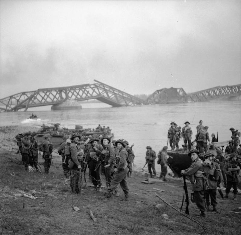Men of the 1st Cheshire Regiment crossing the Rhine in Buffaloes at Wesel.