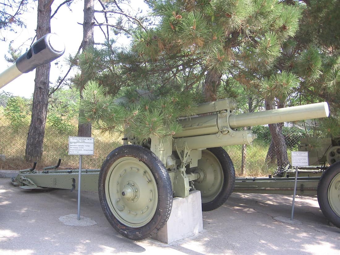Soviet 122 mm howitzer M1938 (M-30), manufactured in 1942, is displayed at the Museum of Heroic Defense and Liberation of Sevastopol on Sapun Mountain in Sevastopol.