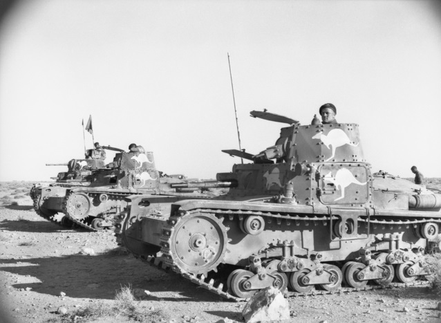 Australian War Memorial (AWM) catalog number 005042. Captured Italian Armato M13/40 (far left) and M11/39 (middle and right) tanks being used by the Australian 6th Division Cavalry Regiment during the capture of Tobruk.