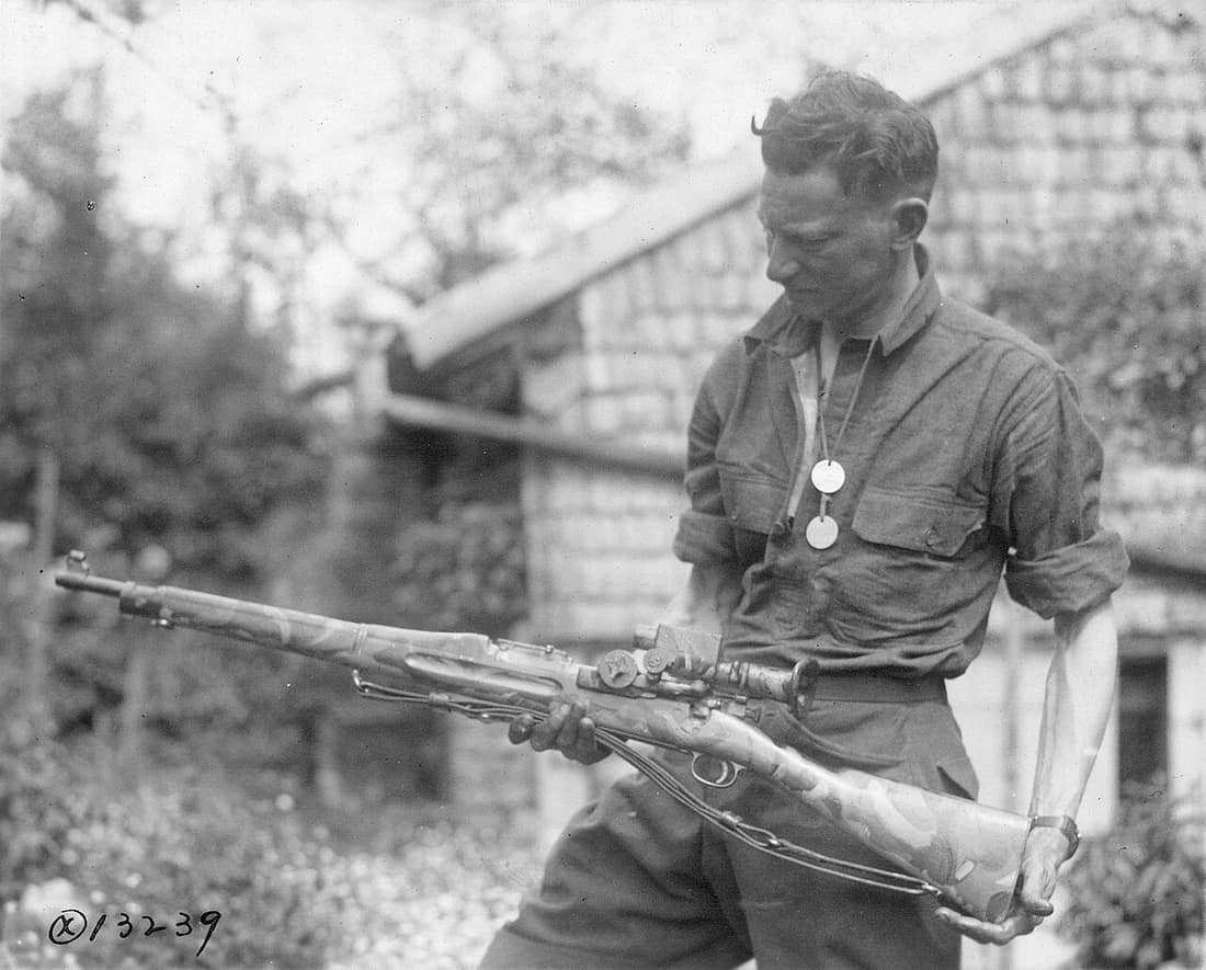 American First World War Official Exchange Collection Camouflaged Springfield Rifle with telescopic sight used by snipers, Badonviller, 18 May 1918. 111-SC-13239