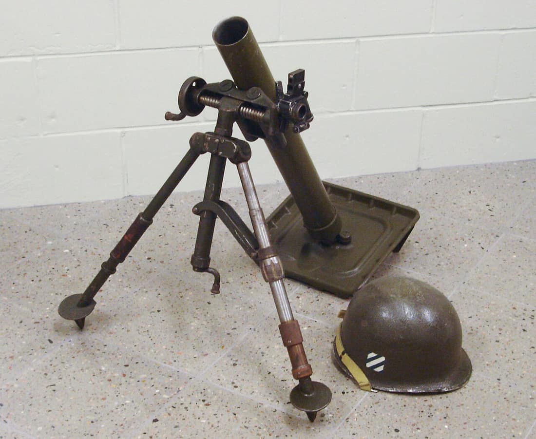WWII era 60mm U.S. M2 Mortar, G.I. helmet shown for scale