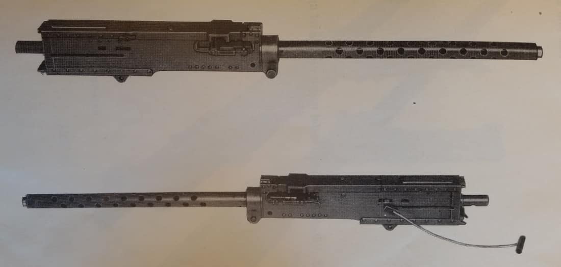 Picture showing a 12,7 mm automatkanon m/45 (12,7 mm akan m/45), Swedish designation for the .50 AN/M2 (AN-M2) Browning, in both right and left profile.