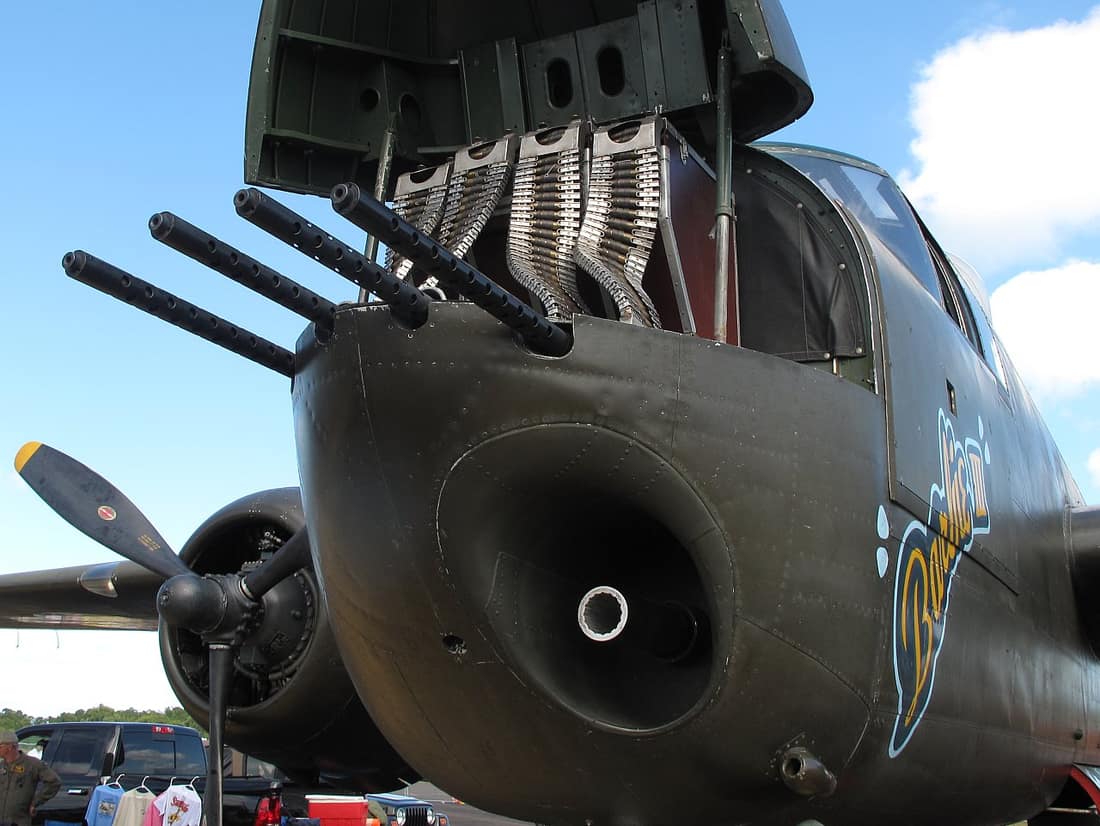 B-25"Barbie III" with nose canopy open, showing the 4 - .50 cal Browning feeds, and 75mm M5 gun. Stuart airshow 2011