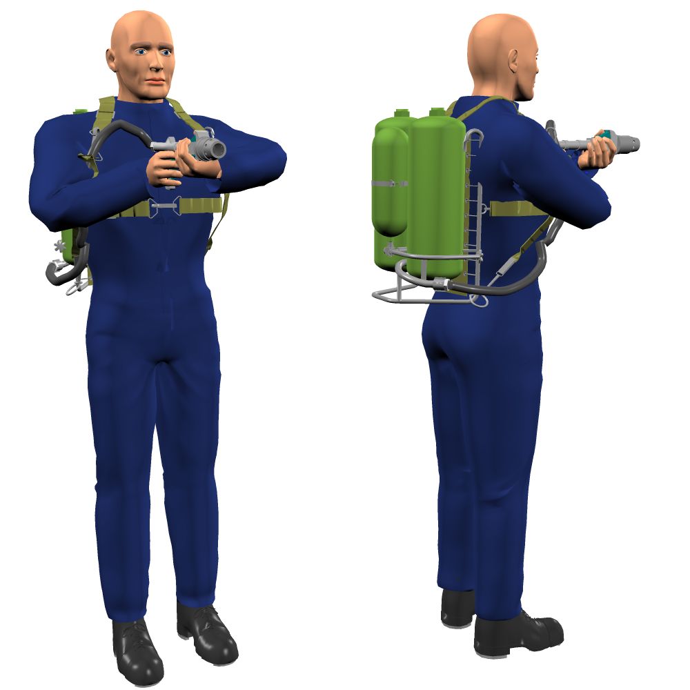 I made this image with computer-generated imagery. 2 views of a man with an M2A1-7 United States Army flamethrower.