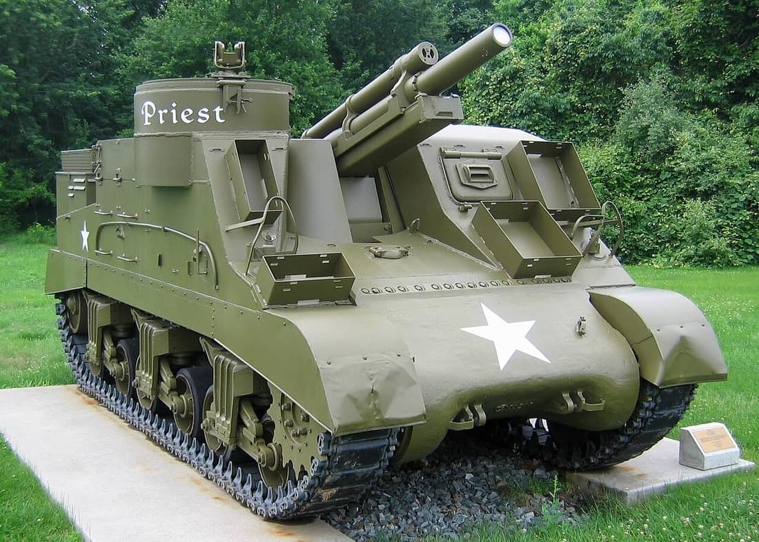 M7 Priest preserved along the entrance road just inside the main gate of Aberdeen Proving Ground, Maryland