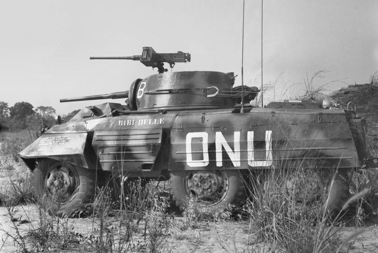 A captured Katangese M 8 Greyhound armoured car used by Swedish UN battalions in the Congo, 1962-1964.