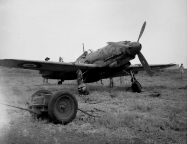 An Italian Macchi C.205 Veltro aircraft found on Catania airfield, Sicily (Italy), by personnel of No. 450 Squadron RAAF and subsequently serviced by the squadron's fitters.