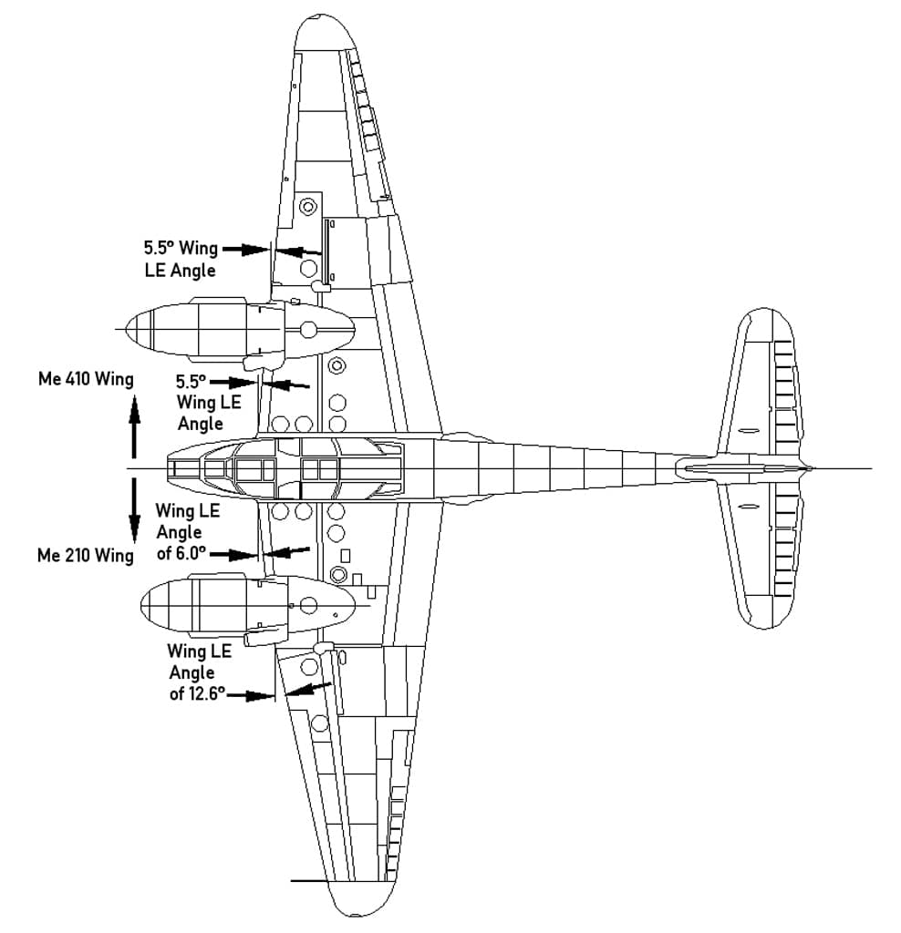 Basic side-by-side comparison of the Me 210 and Me 410 wing planforms, showing the differences between the earlier Me 210 planform that caused serious stability problems, and the Me 410's revised wing planform that prove