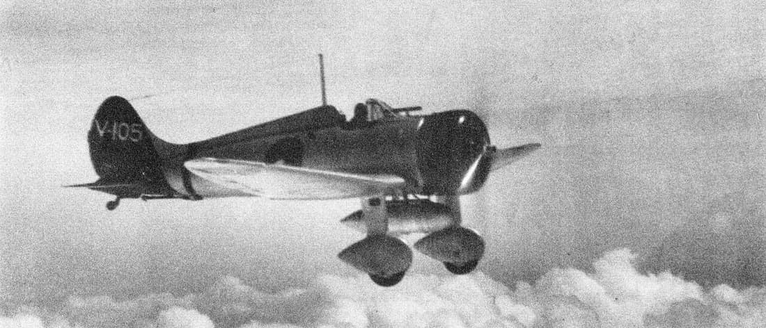 An Imperial Japanese Navy Air Service Mitsubishi A5M, from the aircraft carrier Akagi, (aka Mitsubishi Navy Type 96 Carrier-based Fighter, Mitsubishi Navy Experimental 9-Shi Carrier Fighter and company designation Mitsub