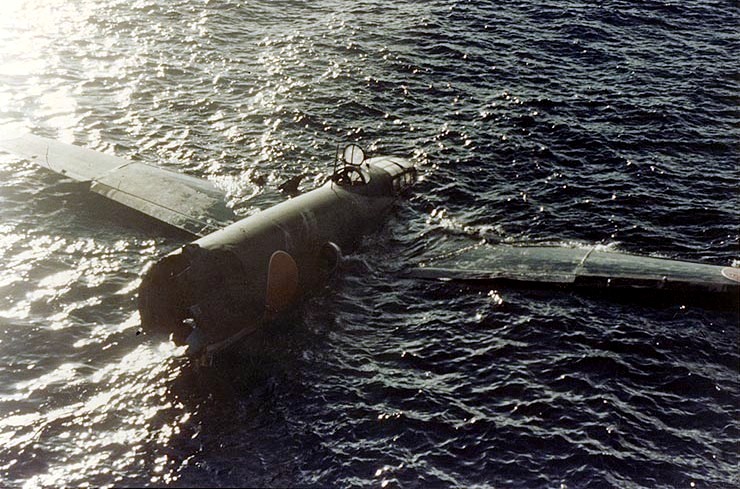 A largely intact floating wreckage of a Japanese Navy Mitsubishi G4M Type 1 land attack plane (Allied code name "Betty"), which crashed during the aerial torpedo attack on the Allied invasion force off Tulagi Island on 8