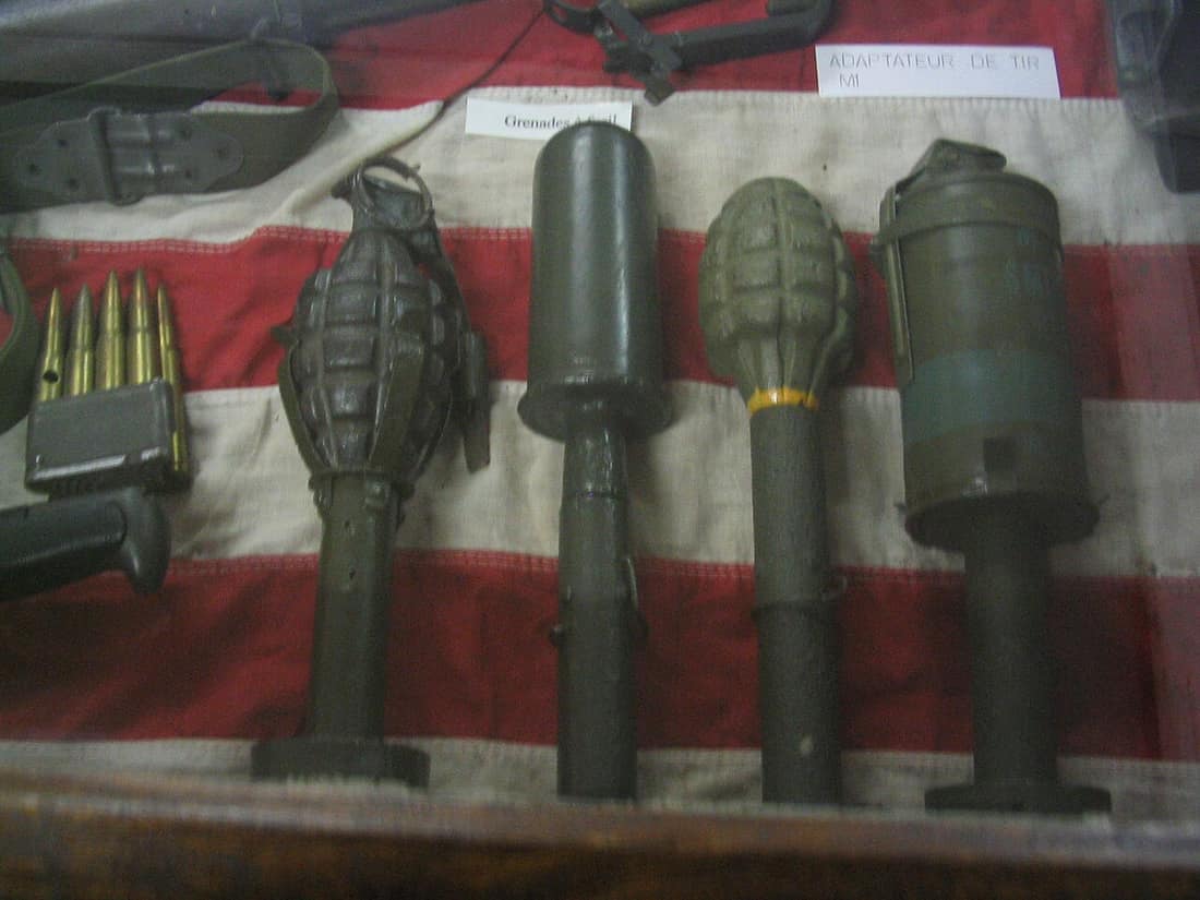 American rifle grenades from the Battle of the Bulge.(From Left to Right): M1 Grenade Adapter with Mk.2 Fragmentation Grenade, M22 Smoke Rifle Grenade with Impact fuze (unknown smoke color, possibly Green - munition was 