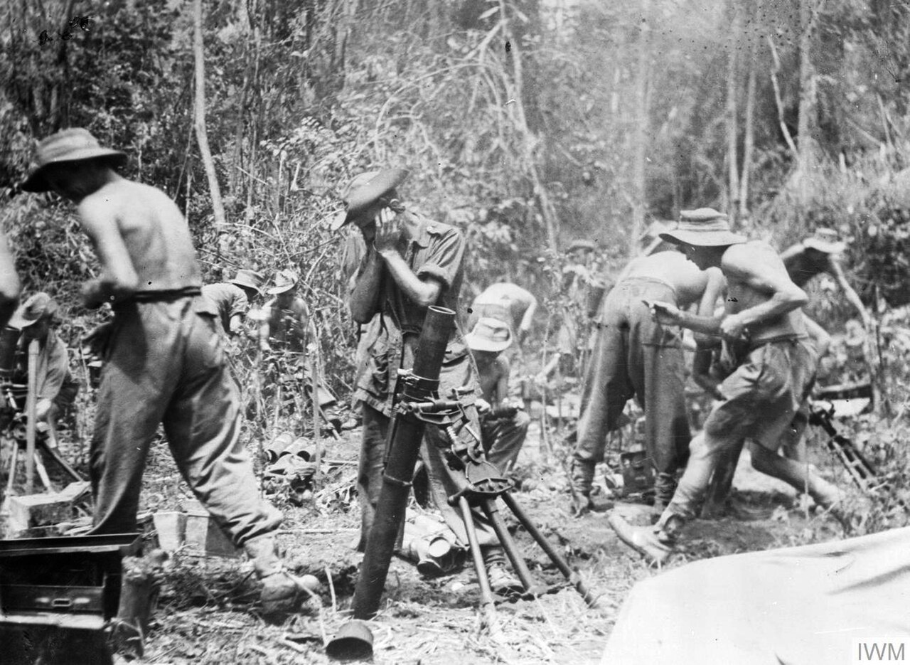 British 3-inch mortars supporting the 19th Indian Division's advance along the Mawchi Road, east of Toungoo in Burma, 1944. The Battle of Imphal-Kohima March - July 1944: British 3-inch mortar detachments support the 19t