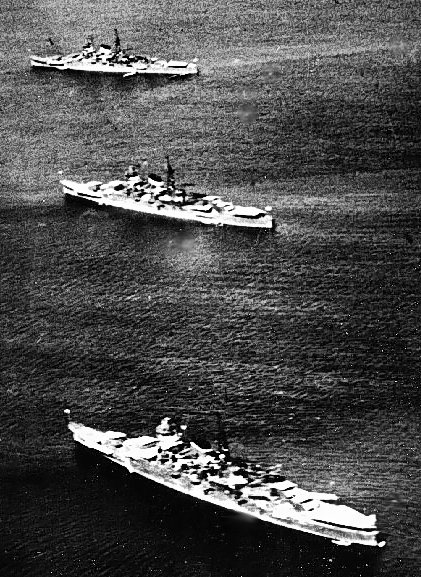 Japanese Cruisers of the Seventh Squadron in Ise Bay, east-central Honshu, during the Summer of 1938. Ships are identified on the original print as (from front to back) Mogami, Mikuma and Kumano. However, at that time Se