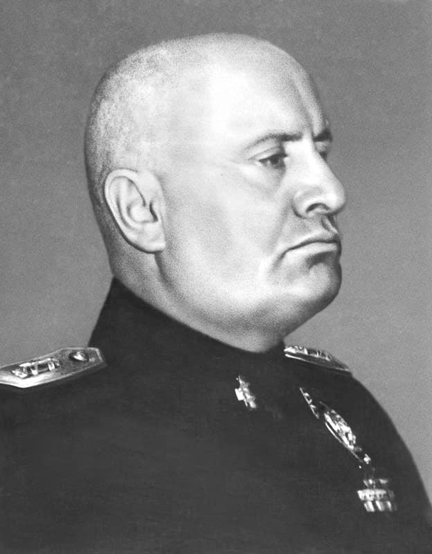Portrait of Benito Mussolini as dictator of Italy (between 1922 and 1943), published in 1943 to commemorate his 60th birthday.