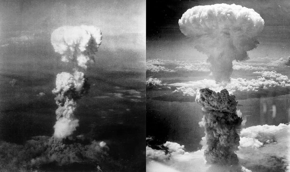 Left picture : At the time this photo was made, smoke billowed 20,000 feet above Hiroshima while smoke from the burst of the first atomic bomb had spread over 10,000 feet on the target at the base of the rising column. S