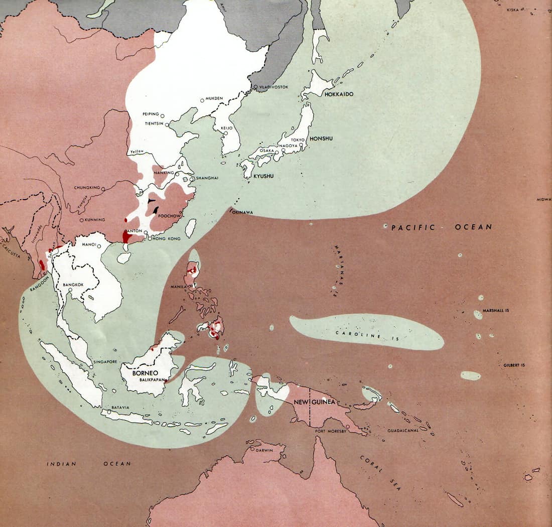 Map of the front against Japan as of 1 Aug 1945: This map is taken from the source "Atlas of the World Battle Fronts in Semimonthly Phases to August 15th 1945: Supplement to The Biennial report of The Chief of Staff of t