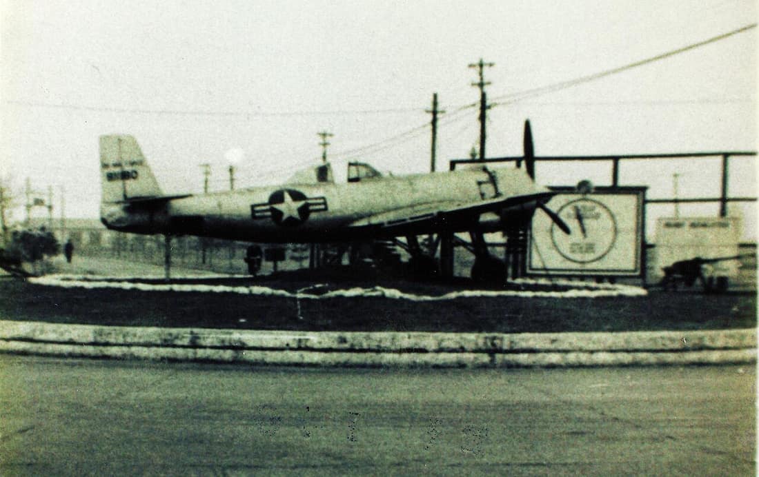 Nakajima Ki-115 kamikaze aircraft "war prize" on display as a "gate guardian", in faux United States Air Force markings, at Yokota Air Base. The aircraft was on display at Yokota between 1945 and 1952.