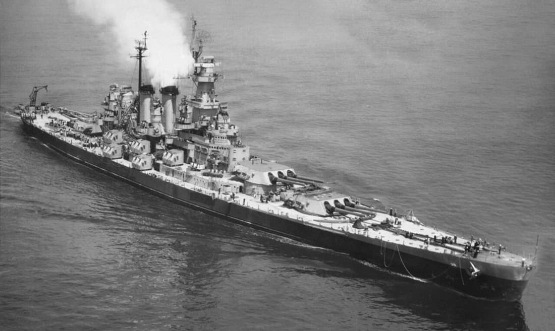 North Carolina (BB-55) photographed from an altitude of 300 feet. Image developed by NAS NYNY Photographic Laboratory.