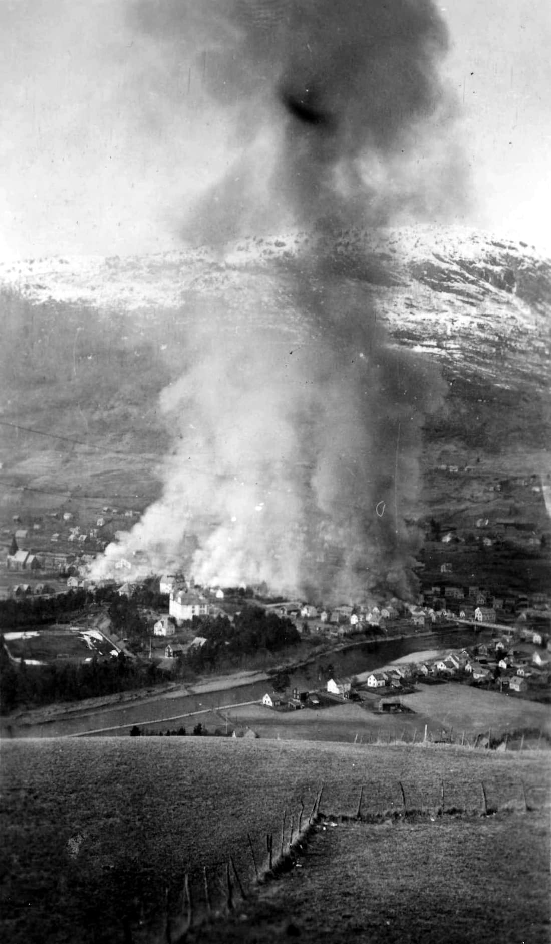 A fire after a bombing in Voss in western Norway