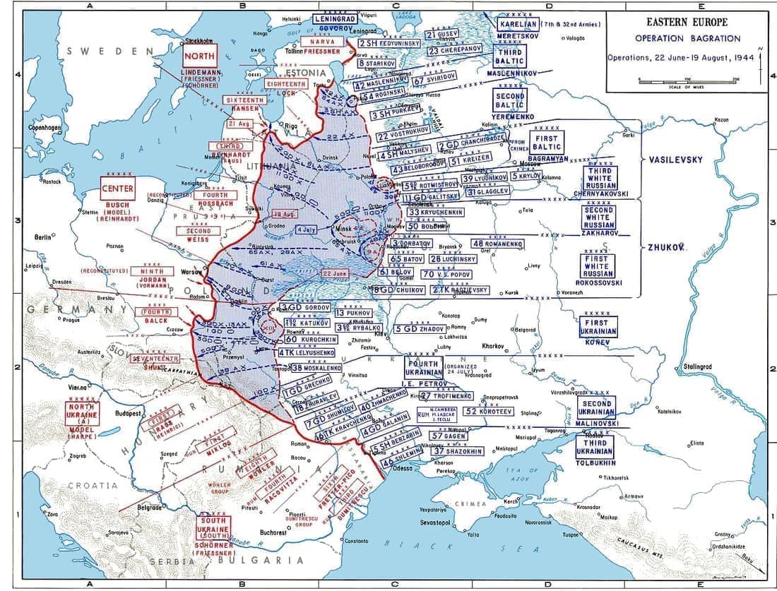 Map of deployments during Operation Bagration, June–August 1944