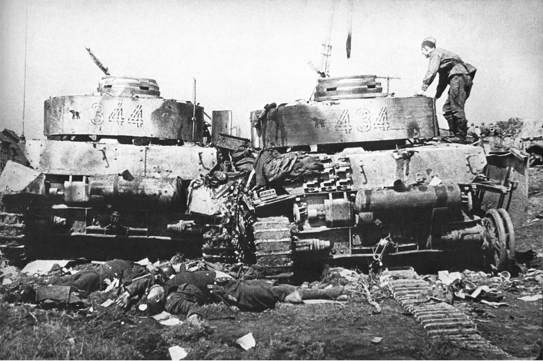 Two Destroyed Panzer IV belonging to the 20. Panzer Division, dead crew members, Soviet Soldiers at the pocket of Bobruisk