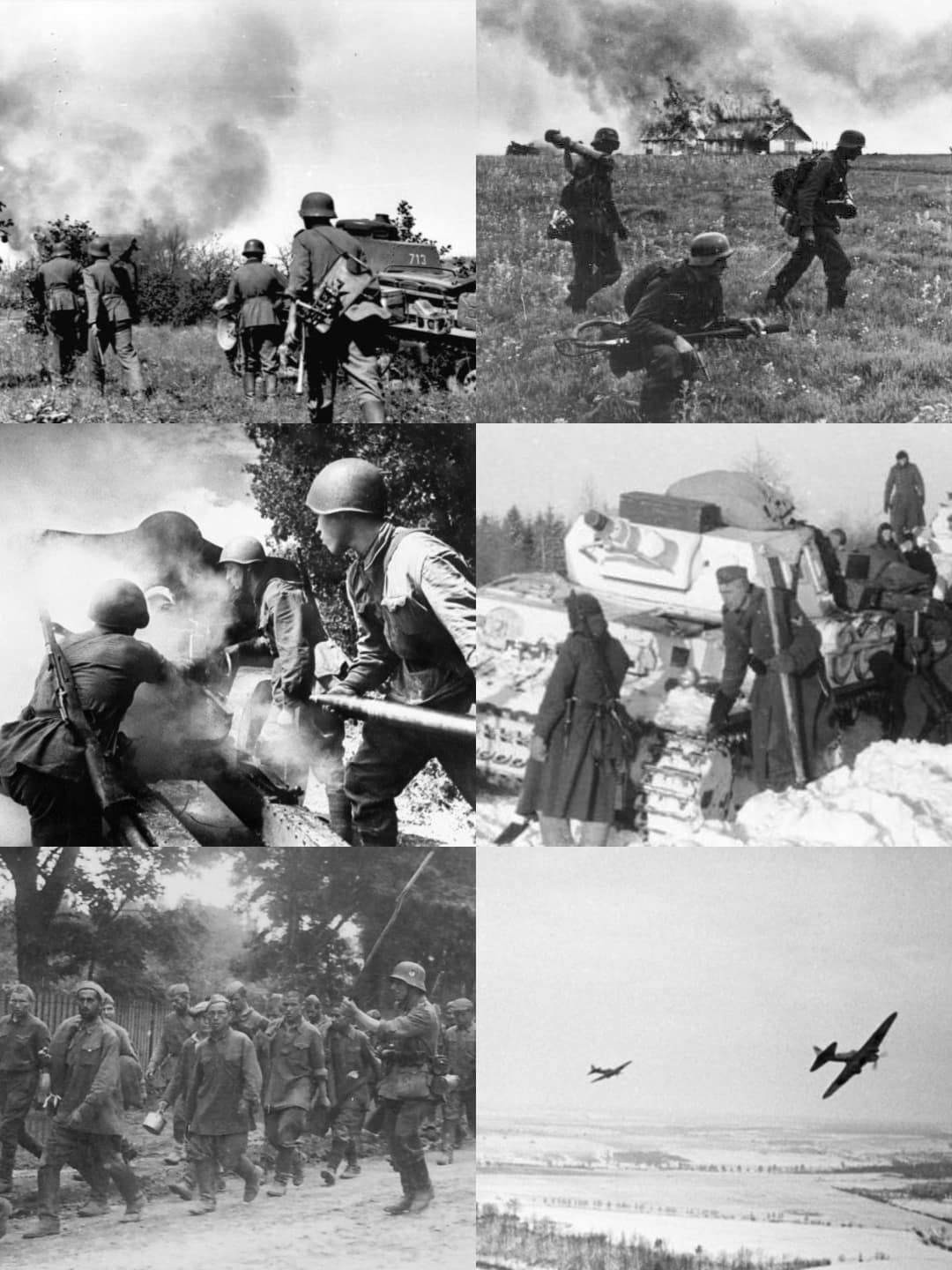 German soldiers advance through northern Russia. German flamethrower crew burns down a house in the background. German Panzer IV stuck in the snow with white camouflage paint. Soviet Ilyushin Il-2s hovering over German p