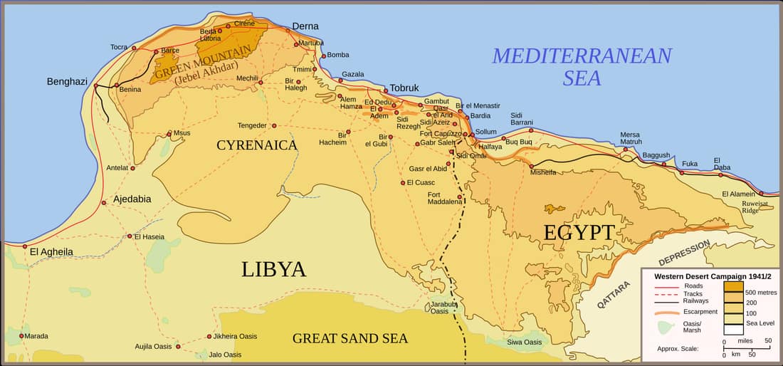Egypt &amp; Cyrenaica, Libya: Map of the Western Desert Campaign and its Operation Compass Battle Area 1941