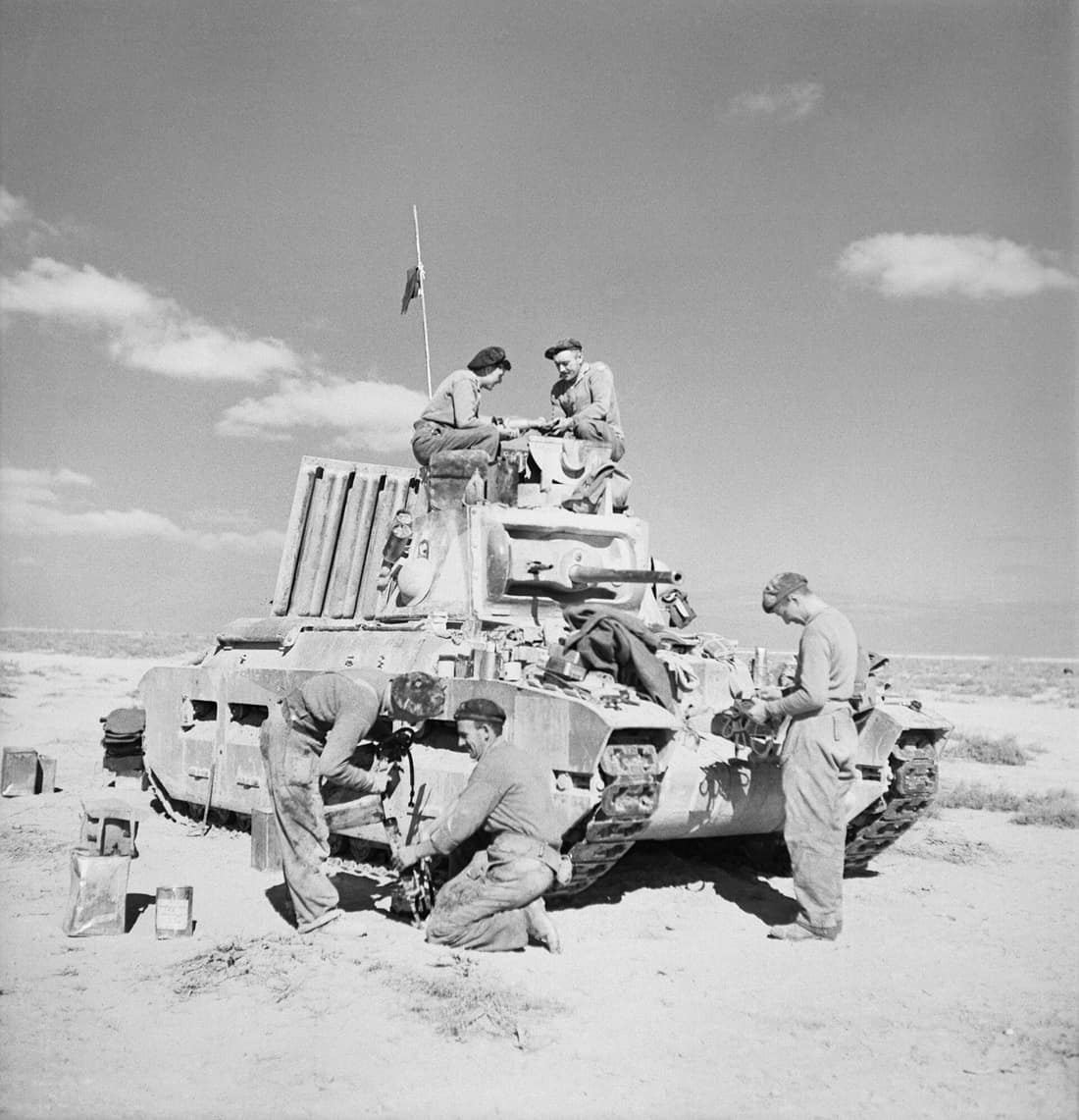 A Matilda tank crew overhauling their vehicle near Tobruk, 1 December 1941. A Matilda tank crew overhauling their vehicle in preparation for the next phase of battle near Tobruk, 1 December 1941.