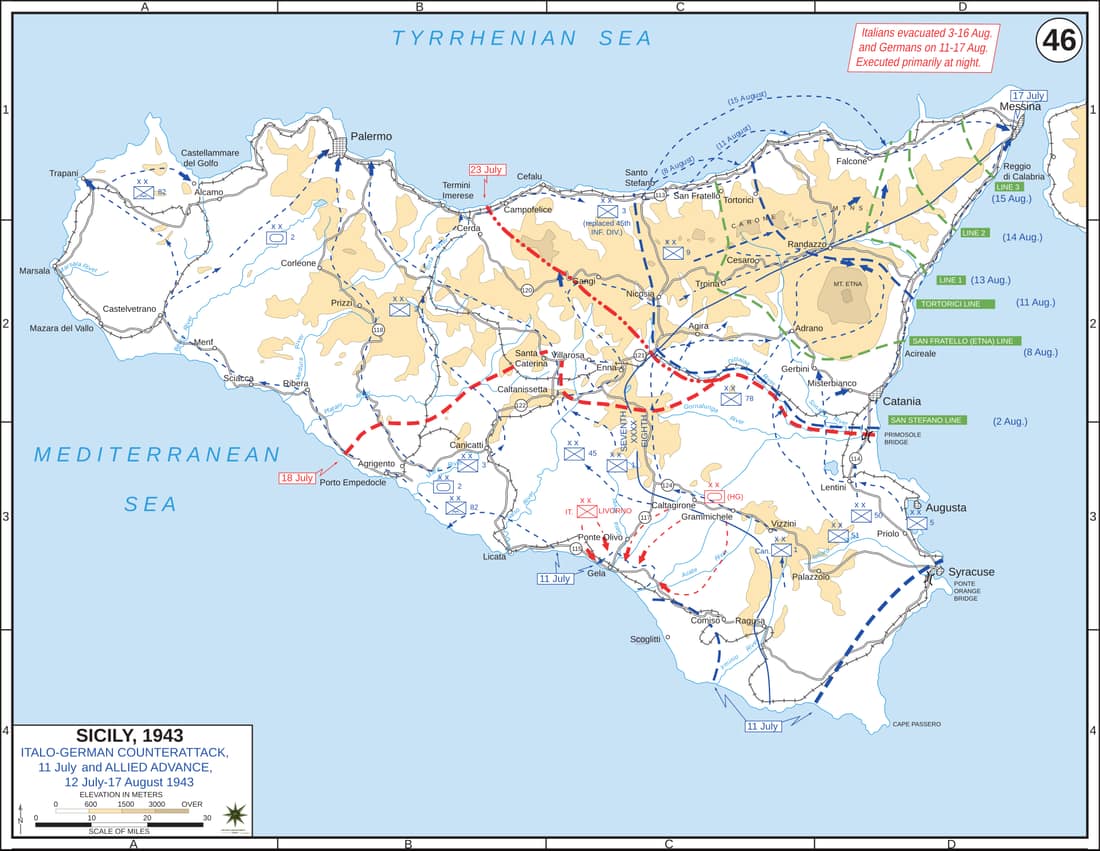 This is map of Allied army amphibious landing in Sicily, July 10th, 1943, as part of Operation Husky, it shows the frontline of both army from 12 July to 17 August 1943.