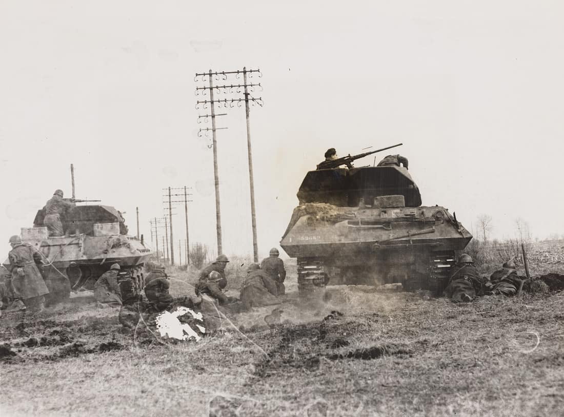 Tanks and soldiers, Operation Nordwind, Alsace–Lorraine, France, 1944–45, by unknown photographer, vintage gelatin silver print, Le Courrier Australien, State Library of New South Wales, PXE 1397