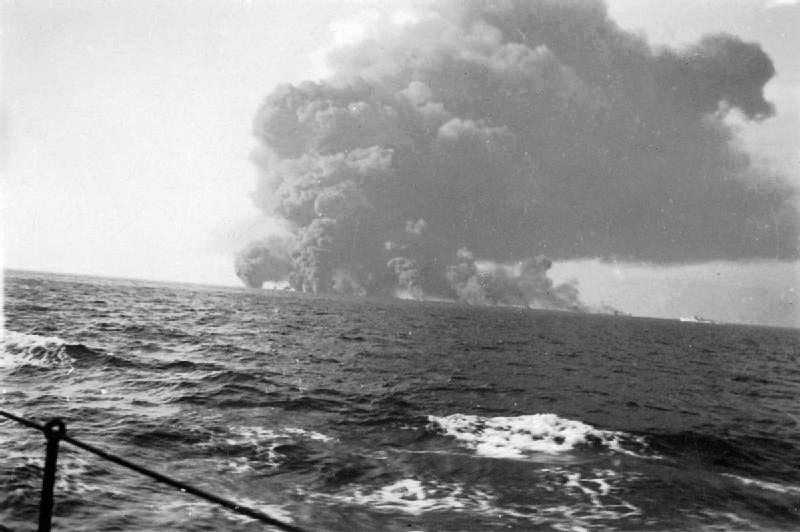 IWM caption : OPERATION PEDESTAL, AUGUST 1942. 13 August: Air Attacks: The merchant ship WAIMARAMA explodes after being bombed.