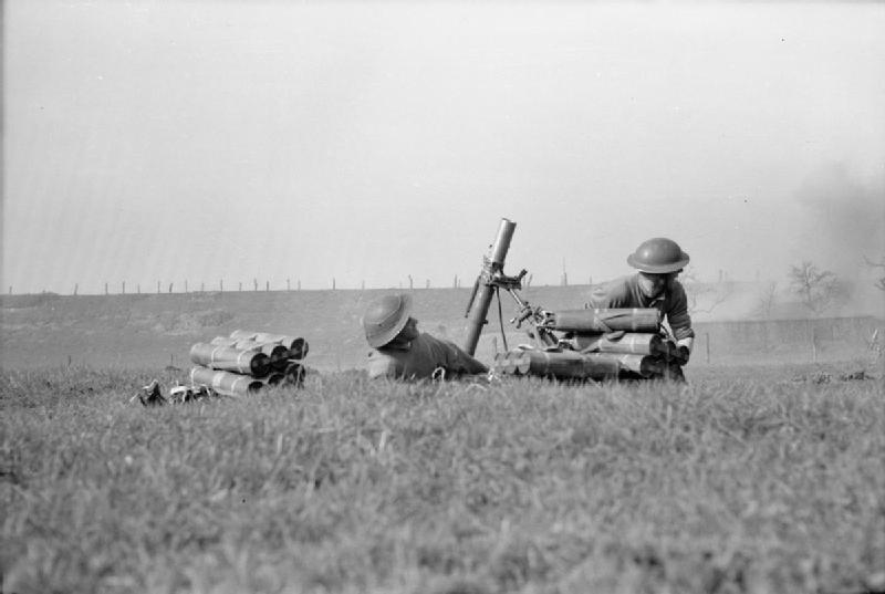 3-inch mortar of the 8th Royal Scots under enemy fire during the Rhine crossing, 24 March 1945.