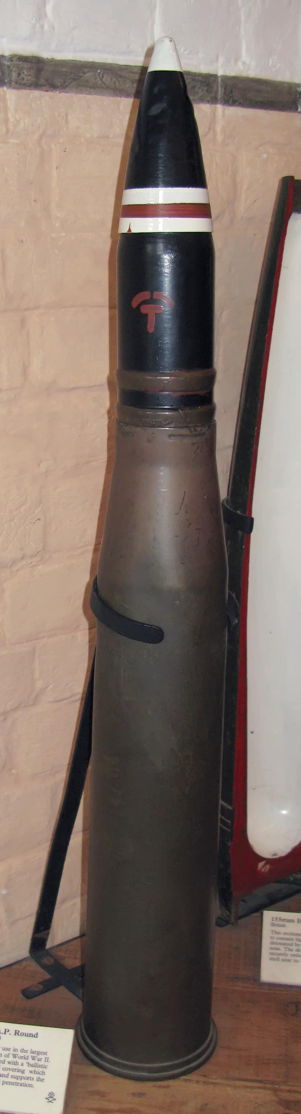 The cartridge and shell of a British 17 pounder gun, displayed at Royal Armouries, Fort Nelson, UK.