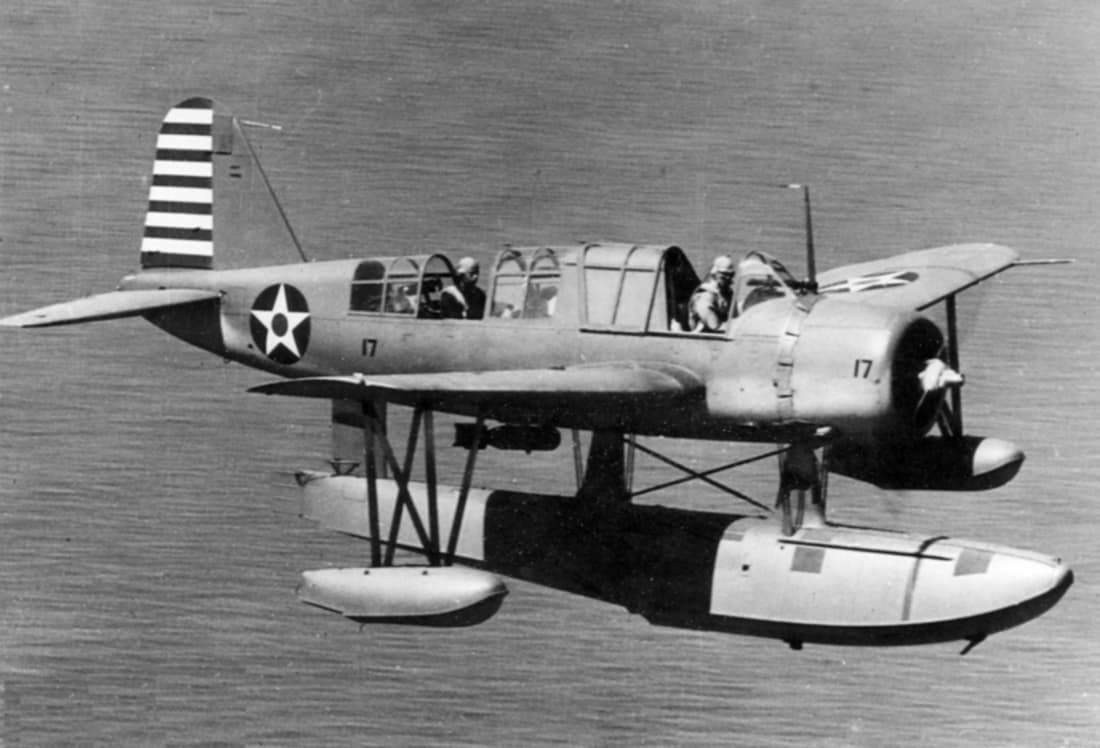 A U.S. Navy Vought OS2U-2 Kingfisher (BuNo.3117) seaplane in flight in early 1942.