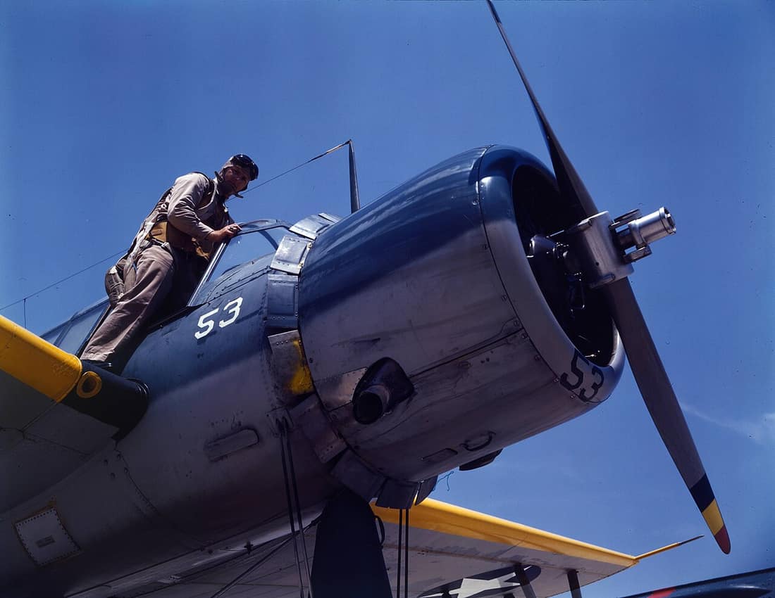 A U.S. Navy aviation cadet in training on a Vought OS2U Kingfisher at the Naval Air Station Corpus Christi, Texas (USA).
