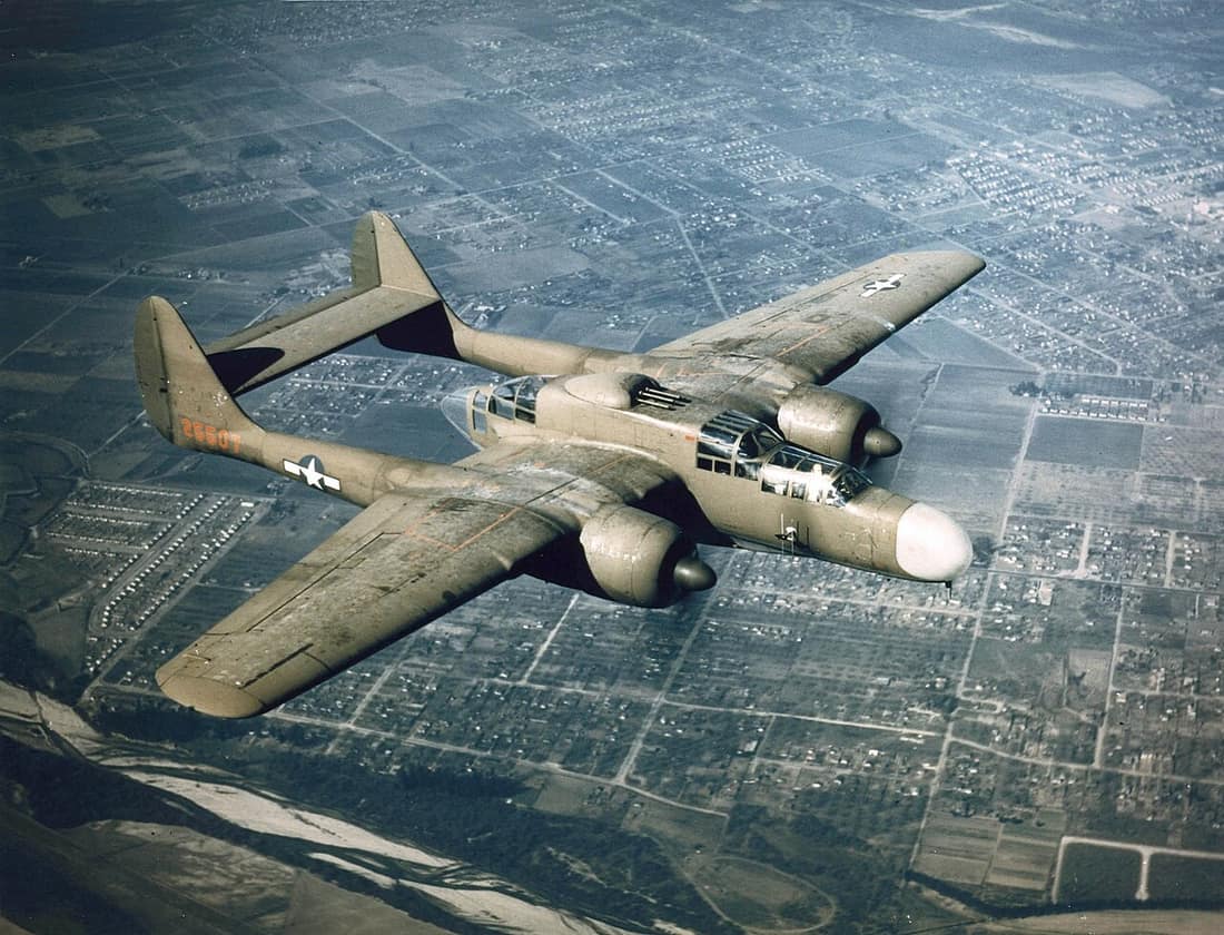 Northrop P-61. 1940's -- NORTHROP P-61 "Black Widow" in flight. Northrop P-61 Black Widow night fighter had pilot, radar operator, and gunner. (U.S. Air Force photo)