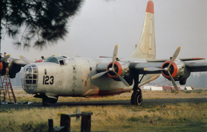 P4Y-2 Tanker 123 BuNo 66260 (N7620C), of Hawkins &amp; Powers in service supporting the California Department of Forestry and Fire Protection, at Chester Air Attack Base in the late 1990s―crashed 18 July 2002.