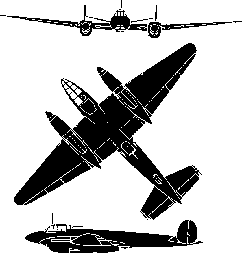 Silhouette of the Petlyakov Pe-2. The World's Fighting Planes (William Green and Gerald Pollinger, McDonald: London 1954) used 55 Crown Copyright silhouettes provided by the Controller of H.M. Stationery. An acknowledgem