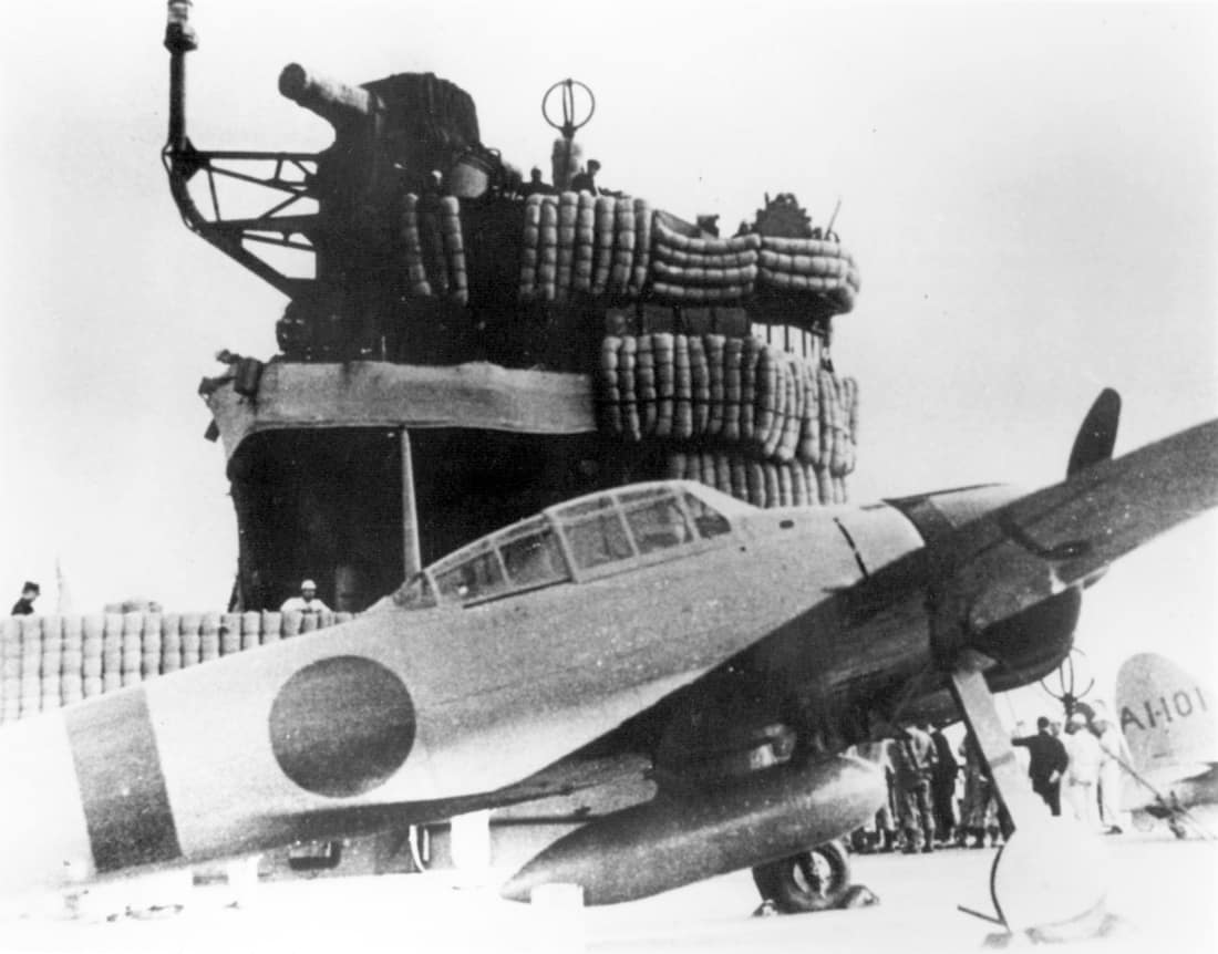 An Imperial Japanese Navy Mitsubishi A6M2 "Zero" fighter on the aircraft carrier Akagi during the Pearl Harbor attack mission.