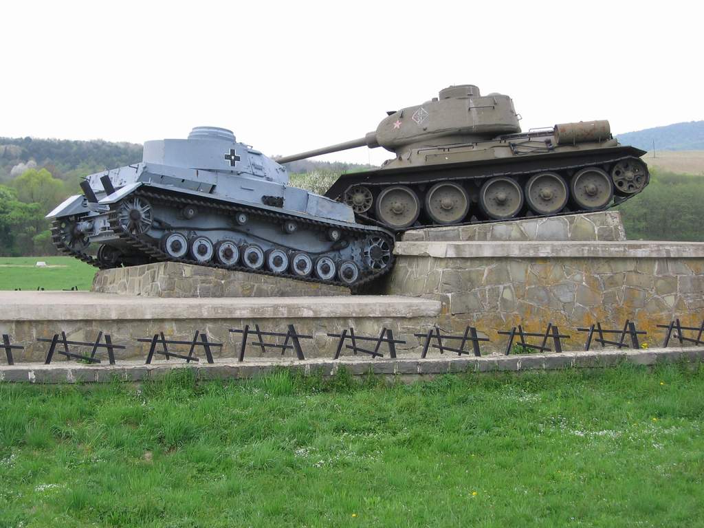 One of memorials of the Dukla Pass battle of 1944, near Ladomirova, on the Slovak side of the Dukla Pass. A German Pz-IV J (left) together with a Soviet T-34-85.