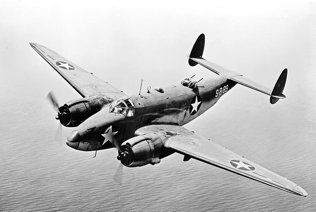 A U.S. Navy Lockheed PV-1 Ventura patrol bomber in flight, circa 1943.
