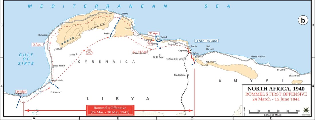 Axis movements are depicted in red, and Allied positions are denoted by blue lines. Key dates are shown in boxes.