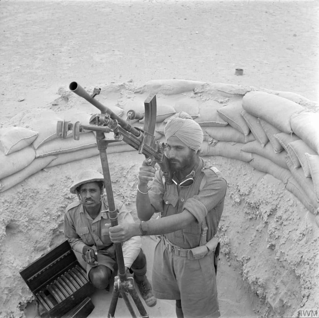 Indian troops man a Bren gun on an anti-aircraft mounting, Western Desert, 18 April 1941.