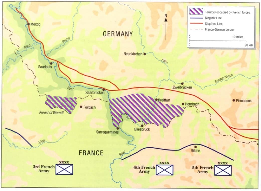 Map showing the positions of the german territory hold by the french troops during the Saar Offensive