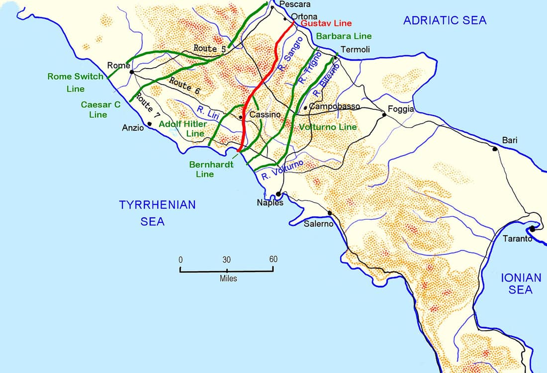 German prepared defensive lines in Italy south of Rome 1943-44