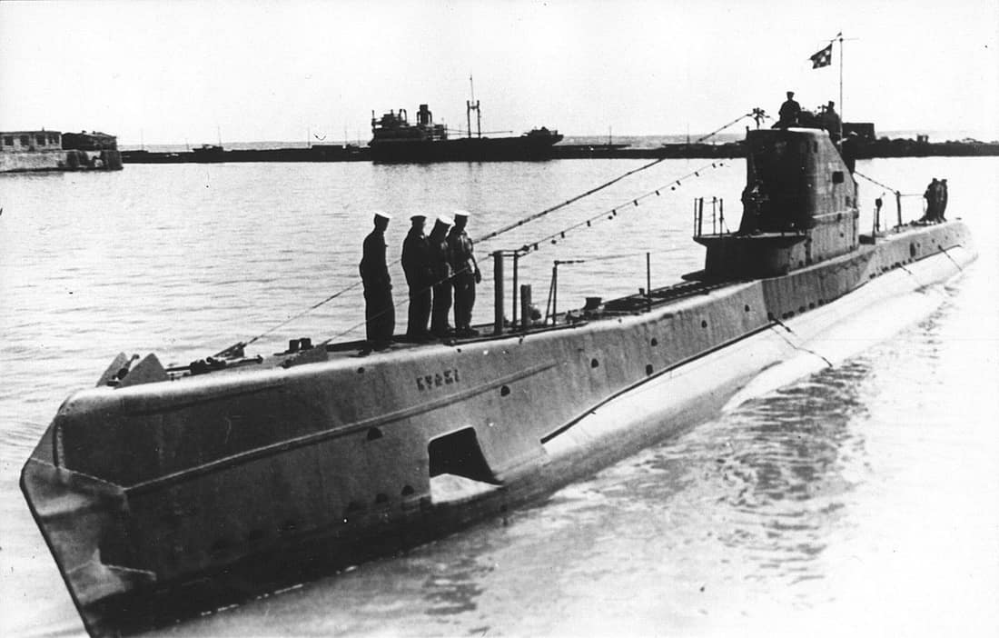 Soviet submarine "ShCh-311" of Baltic fleet with covered net-cutter in nose part.