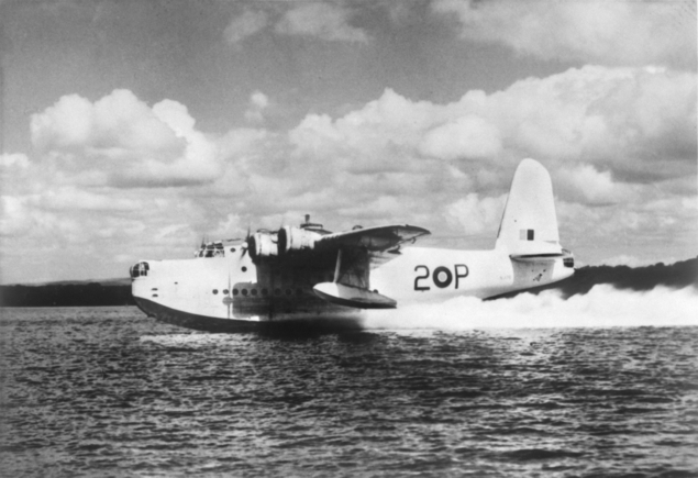 A Short Sunderland Mark III operated by No. 461 Squadron RAAF. AWM Caption: PEMBROKE DOCK, WALES. 1944? MARK V SUNDERLAND AIRCRAFT 'P' PETER OF NO. 461 SQUADRON RAAF TOUCHING DOWN AFTER AN ANTI-SUBMARINE PATROL IN THE BA