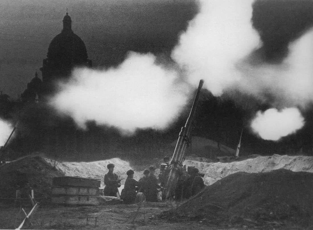 The fire of anti-aircraft guns deployed in the neighborhood of St. Isaac's cathedral during the defense of Leningrad (now called St. Petersburg, its pre-Soviet name) in 1941.